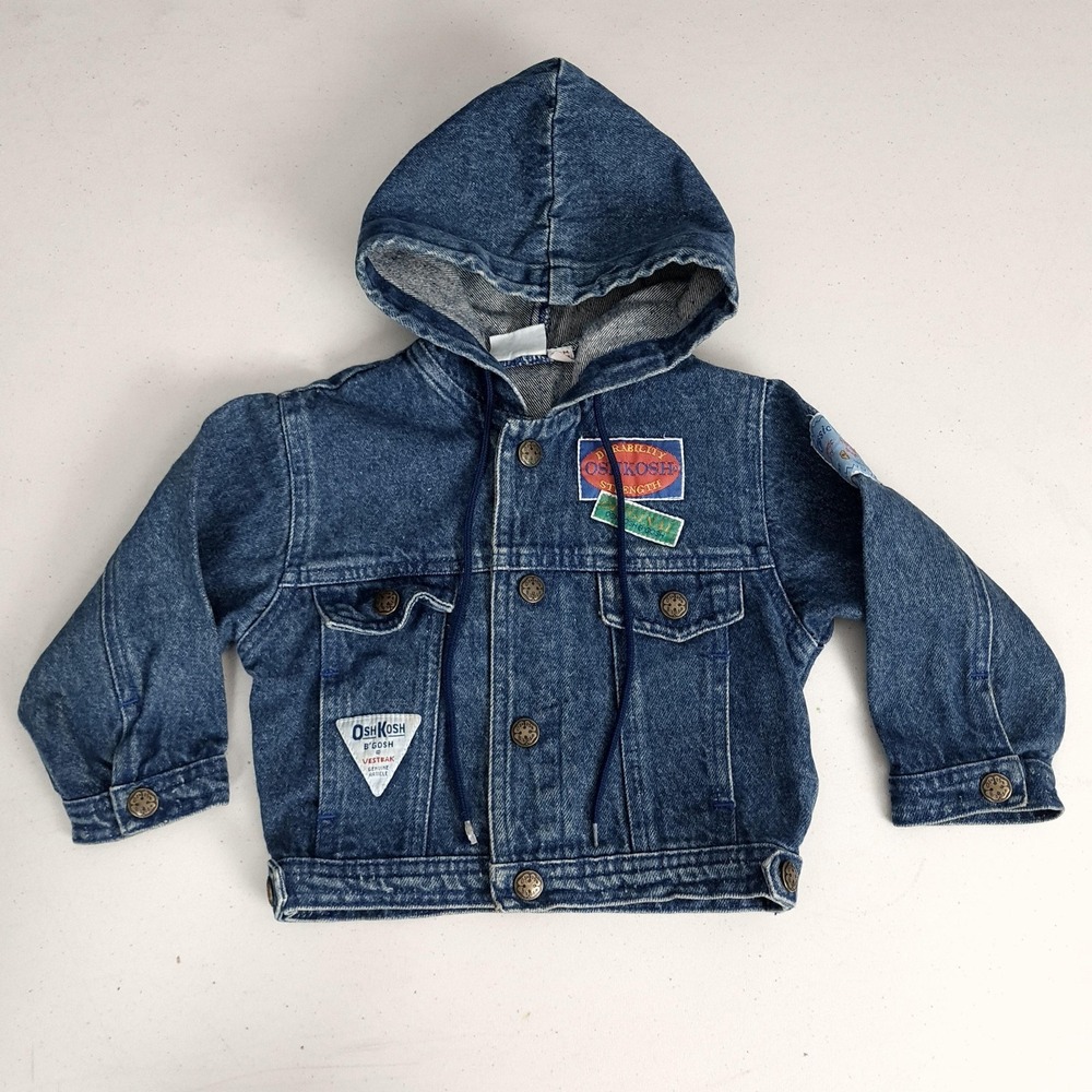 Vintage OshKosh Bgosh Denim Jacket Toddler Boys 24M Blue Hooded Patches 90s